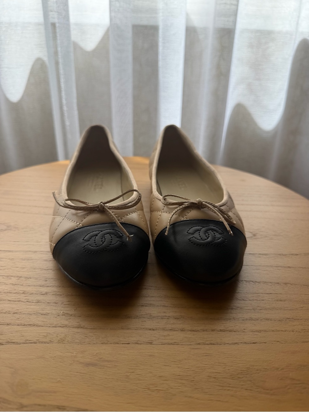 CHANEL Uniform Quilted Ballet Flats Beige/Black Size 37C – New in Box